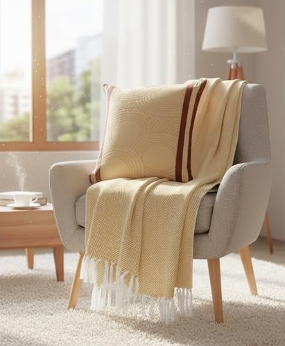 Image of SAJAVAT HOME Soft Cotton 3 Seater Sofa Throw with Cushion Cover | Beige & Yellow White Throw 82 inchx52 inch & Yellow Silk Cushion Cover 18''x18'' for Living Room, Bedroom, Sofa, Chair & Gift | Pack of 1