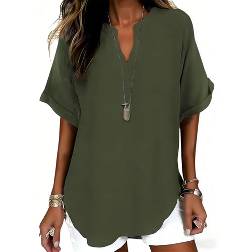 2026 New Women's Plain Short Sleeve Blouse, Casual Solid Color Top for Daily Wear, Ladies Clothes for All Seasons (US, Alpha, X-Large, Regular, Regular, Olive Green)