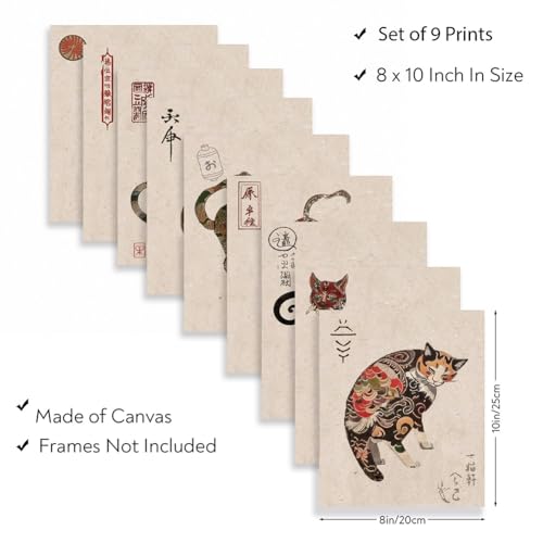 WEBEEDY Set of 9 Samurai Cat Wall Art Prints Japanese Cat Posters Vintage Japanese Samurai Cats Wall Hanging Decor 8x10 Inch Unframed Retro Tattoo Cats Painting Funny Picture Canvas Wall Art,20x25cm - Image 2