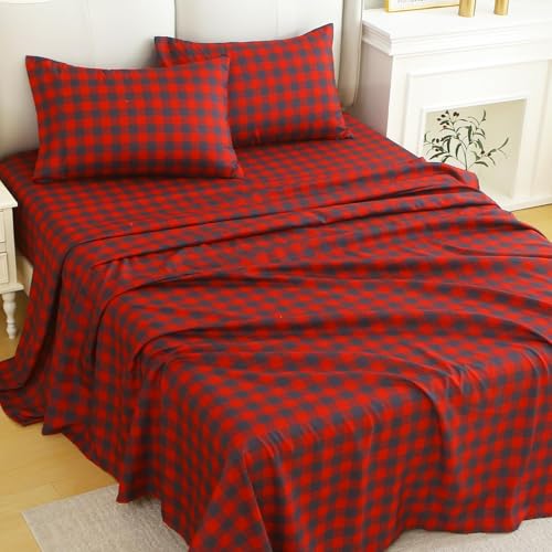 Image of MUXHOMO Full Size 4 Piece Sheet Set, Soft Breathable Bed Sheet Set for Bedroom with Deep Pocket Up to 16 inch, Wrinkle-Free & Cooling Bedding for Oeko-TEX Certified - Red Plaid