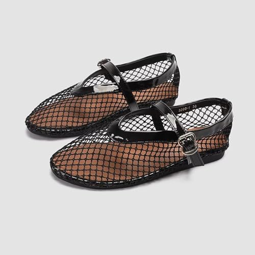 ChaiRong Zhou Women Summer Ventilate Mesh Mary Jane Flats Fishnet Ballerina Flats Buckle Strap Causal Dress Shoes2