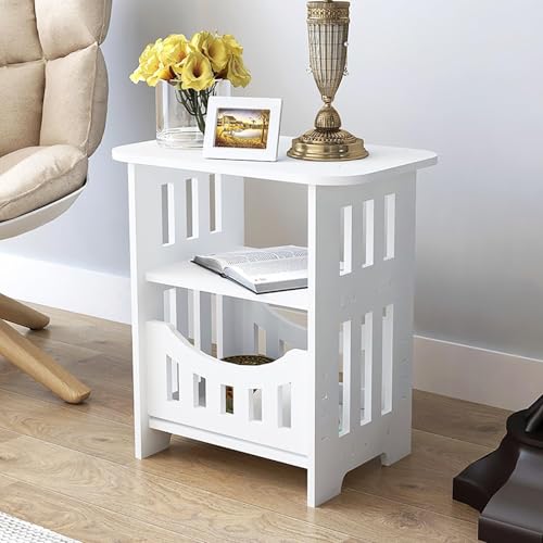 End Table with Storage Shelf Basket Small White Narrow Bedside Table Modern Slim Coffee Tables Small Spaces White Nightstand Sofa Table for Living Room Bedroom Bathroom Office Furniture.