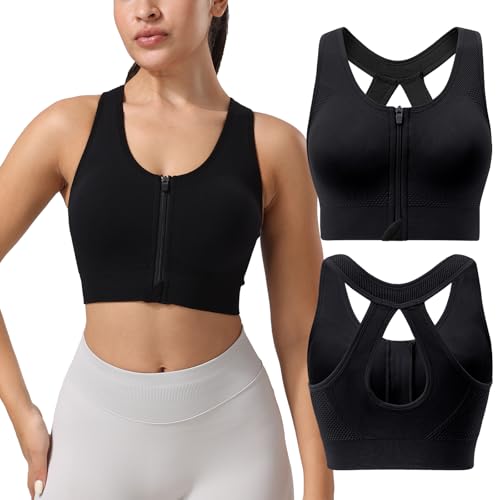 Senlinyoga Zip Front Sports Bras for Women-Medium Support Padded Bra Fitness Workout Yoga Gym Running Crop Tank Top Black