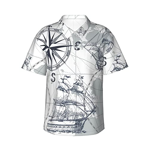 Mens Hawaiian Shirts Button Down Shirt Nautical Sailboat Map Grey Boat Sketch Ship Wheel Compass Anchor Beach Shirt