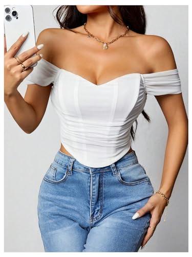 SHENHE Women's Off Shoulder Mesh Corset Bustier Short Sleeve Ruched Zip Back Sexy Crop Top4