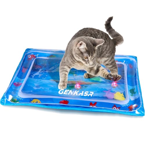 genkasar Cat Water Mat with Extra Protective Cover & Multi-Color Lighted Ball, [Upgraded Two Layers & Thickened] Cooling Mat for Cats, Cat Water Sensor Play Mat, Interactive Cat Toy for Indoor Cats
