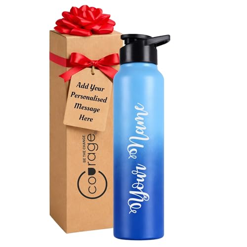 Image of COURAGE Stainless Steel Customize Sipper Water Bottle 1Liter Leak Proof for Fridge Home Office Travel School Kids Boys Girls Adults Sports Gym Yoga - Light Blue - Dark Blue