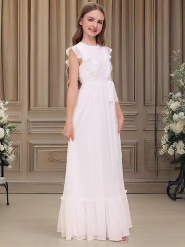Chiffon Junior Bridesmaid Dress for Wedding Ruffle Sleeves Crew Neck Long Belt Party Formal Flower Girl Dress3