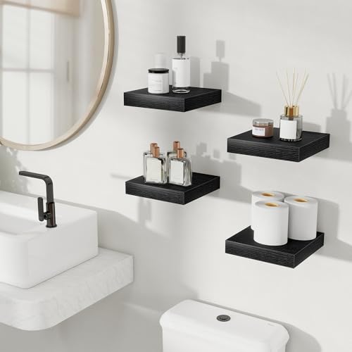 Image of Fun Memories Floating Shelves for Wall, 8 Inch Set of 4 Rustic Wood Wall Shelves with Invisible Brackets, Heavy Duty Storage Display for Bathroom Bedroom Living Room Kitchen, Black