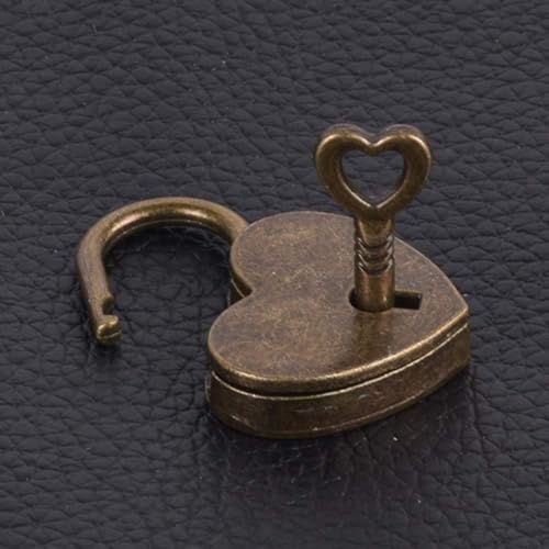 Image of Lock Antique Brass Padlock with Key, Vintage Heart Shape Anti-Theft Mini Padlock Bag Travel Suitcase Luggage Box Case Key, Keyed Padlocks, Padlocks and Hasps