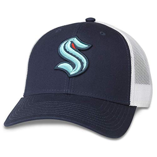 AMERICAN NEEDLE Seattle Kraken Officially Licensed NHL Back Range Adjustable Snapback Trucker Baseball Hat White/Navy (21003A-SEK-WHNV)