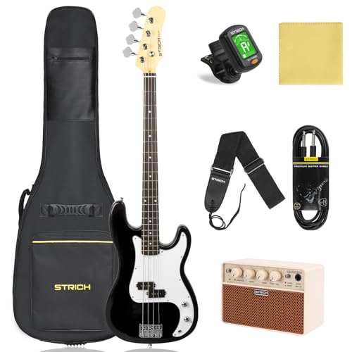 STRICH Electric Bass Guitar 4 Strings Full-Size Beginner Kit, Standard Bass for Starter with 2 x 5w Amp, Bag, Tuner, Strap, Cable, SPB-S10 Black