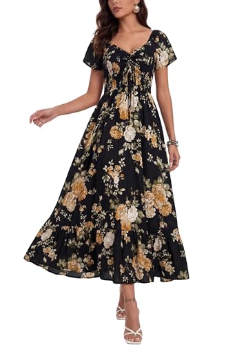 Image of Summer Smocked Boho Maxi Dress for Women 2026 Short Sleeve Floral Smocked Flowy Ruffled Beach Vacation Dresses Lightweight