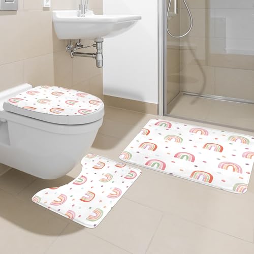Image of Kids Girls Rainbow Shower Curtain Set Cute Girly Pink Bathroom Set | 4 PCS Bathroom Sets With 72Wx72H Inch Shower Curtain Non-Slip Bath Rug Toilet Lid Cover U Shape Mat