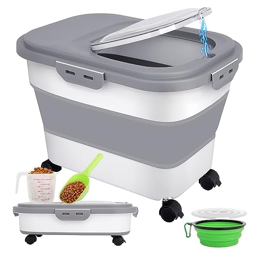 Wuciray Conteneur Croquettes Chien 7-10kg Pliable avec Roue gamelle Cuillère Tasse à Mesurer Nourriture Container Seau