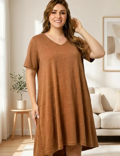 Image of OVERWORETY Womens Short Sleeve Plus Size T-Shirt Dress V Neck Casual Loose Swing A-Line Summer Tunic Dresses with Pockets