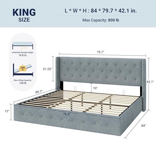 Image of Allewie King Size Lift Up Storage Bed, Button Tufted Headboard with Wingback, Hydraulic Support, No Box Spring Needed, Grey Blue