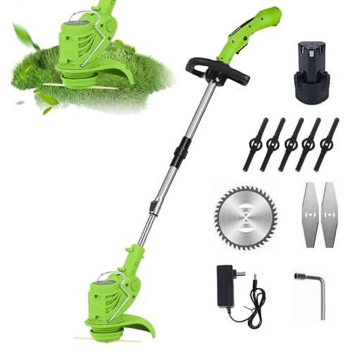 Tondeuse à Gazon sans Fil 21V, Légère (1.2kg) avec Manche Télescopique - 3 Lames Incluses - Silencieuse & Antivrillage - pour Jardin, Allées & Petites...