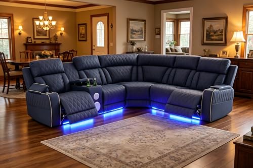 Image of Power Recliner Sectional Sofa with Bass Speakers for Living Room, Sanded Leather Reclining Sofa Corner Sectional Couches Set, Cup Holder, Storage Console for Home Theater Seating
