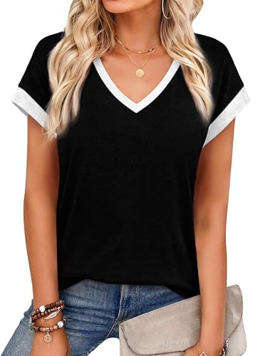 YOKGO Womens Summer Tops Short Sleeve V Neck T Shirts Basic Tees Cap Sleeve Shirts Casual Trendy Work Business Clothes 2026 Black White