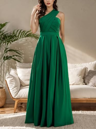 Womens Satin One Shoulder Prom Dress with Pockets Elegant Long Evening Dress for Women A Line Wedding Guest Dress3