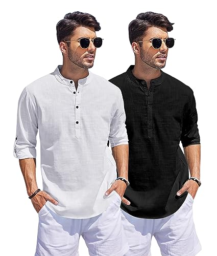 Image of Bellstone Men's Cotton Blend Straight Kurta Shirt Combo with Mandarin Collar - Slim Fit Casual Short Kurti Set Featuring Textured Slub Fabric and Roll-Up Full Sleeves
