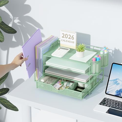Image of gianotter 4-Tier Desk Organizer with Drawers, File Holders, Letter Trays and Pen Holders - Workspace Accessories for Office Supplies (Sage Green)