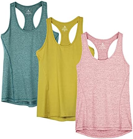 icyzone Workout Tank Tops for Women - Racerback Athletic Yoga Tops, Running Exercise Gym Shirts(Pack of 3) (S, Mustard/Lilac Snow/Teal)