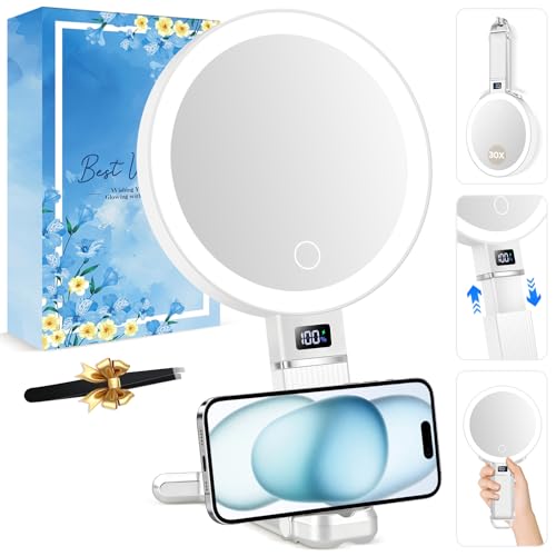 30X Lighted Makeup Mirror Rechargeable Magnifying Vanity Mirror with Battery Display Height Adjustable Makeup Mirror 3 Color LED Lights for Tweezing Eyebrows Facial Hair & Precise Makeup