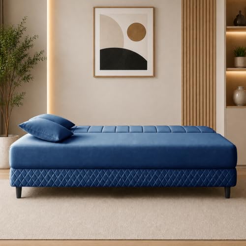 Image of Rosebell Modern 3 Seater Velvet Sofa Cum Bed with Cushion | Premium Upholstered Fabric | Tufted Backrest | Wooden Legs | Living Room Furniture | Blue