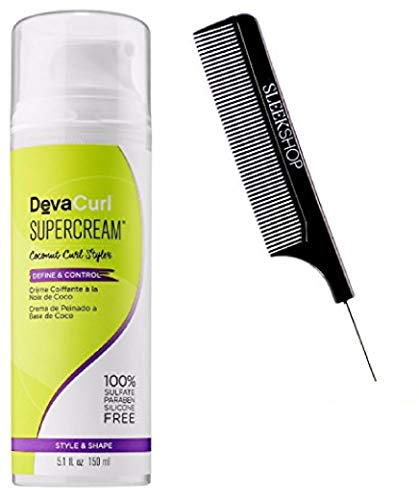DevaCurl SUPERCREAM Coconut Curl Styler, DEFINE & CONTROL, Style & Shape, 100% Sulfate/Paraben/Silcone-FREE (with Sleek Steel Pin Tail Comb) (5.1 oz/150 ml)