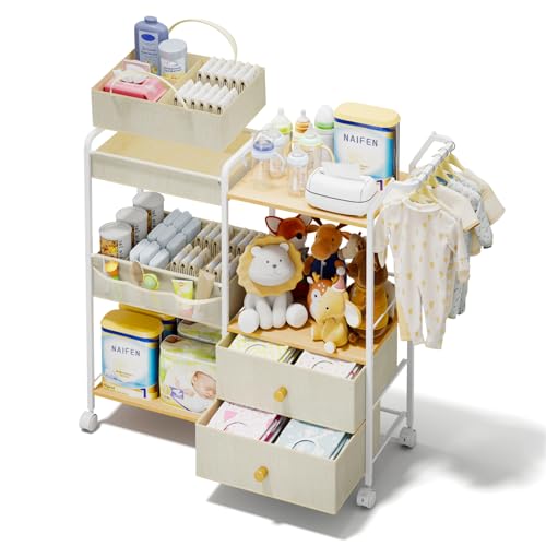 Image of BBLIKE Diaper Caddy Organizer with Hanging Rack - 3 Tier Rolling Baby Storage Cart with Drawers and Side Pockets for Newborn Diaper Organization for Nursery, Crib, Bedroom, Changing Table, Beige