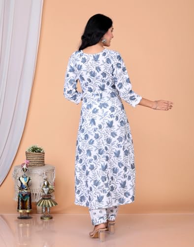 Image of Queens World Women's Anarkali Pure Cotton Floral Printed Kurta Pant Set With Dupatta (M To 2XL- Size)