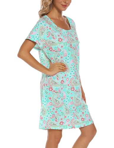 Image of ENJOYNIGHT Womens Cotton Nightgown Short Sleeve Sleepshirt Print Nightshirt | Short-Sleeve Crew Neck, Soft Cotton Fabric, Cartoon Printed Sleep Shirt, Loose Fit