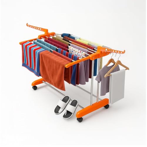 Image of HOUZA Stainless Steel Clothes Drying Stand | 1 Layer Foldable Cloth Dryer Stand with Wheels | 2 Foldable Wings - Orange