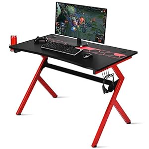COSTWAY Gaming Desk with Cup Holder and Headphone Hook, R/K-Shaped Racing Style E-Sports PC Gamer Table, Ergonomic Study Writing Computer Workstation (Black+Bed, 115 x 66 x 77cm)