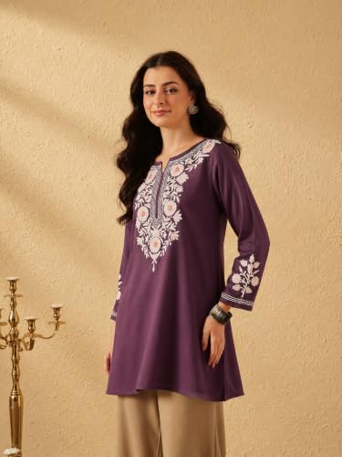 Image of QAZMI Women's Aari Embroidered Viscose Rayon Full Sleeves A-Line Flared Short Kurti