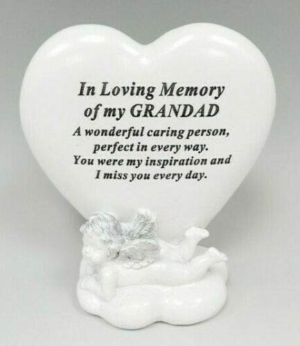 DF Grandad White & Silver Cherub Heart Memorial Tribute Grave Remembrance Ornament Plaque