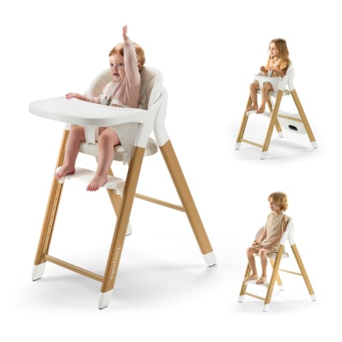 Image of Tinyiota High Chair for Babies and Toddlers, 8-Level Adjustable Foldable Convertible Baby Highchair with Removable Tray, Ergonomic Feeding Chair Transitions from Infant to Adult, Wood-Look Metal