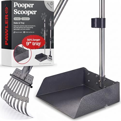 Image of Metal Pooper Scooper for Dogs with Heavy Duty Long Handle Rake & XL Tray | Rustproof Aluminum Poop Scooper for Large Dogs, 36+ inch Handles and 9 inchW 9.5 inchL Extra Large Tray for Yard, Grass, Dirt & Gravel