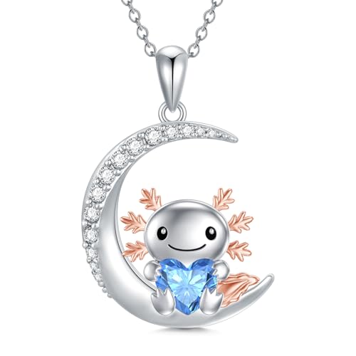 Image of PROESS Animal Birthstone Necklace 925 Sterling Silver Otter /Axolotl /Hippo /Elephant /Dachshund /Monkey /Red Panda Pendant Necklace Animal Birthstone Jewelry Gifts for Women