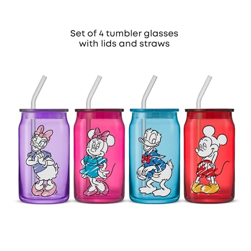 JoyJolt Disney Mickey Mouse and Friends Color Sketch Glass Tumblers with Lids and Straws, 16oz Glass Cups with Lids and Straws, Can Shaped Drinking Glasses Set of 4, Disney Gifts for Adults by JoyJolt - Used condition - Image 2
