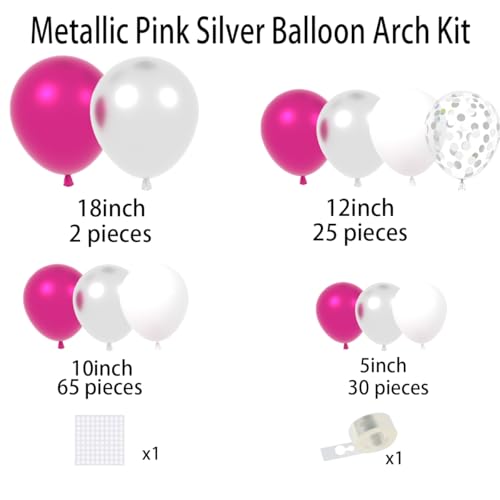 Image of Magenta Hot Pink Silver Balloons Garland Arch - Metallic Rose Red Silver White Balloon Fuchsia Pink Balloons for Weddings Anniversary Bachelorette Birthday Christmas Party Decorations