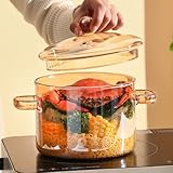 Picture of Vaguelly, Clear Glass Cooking Pot Saucepan with Lid, 1500mL Simmer Pot Microwave Stove and Dishwasher Safe Double-Handle Cookware for Milk Pasta Noodles Soup, Amber