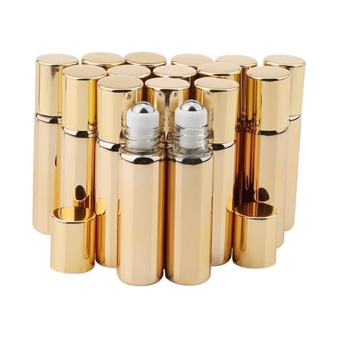 Kesell 16 pcs 5ml Glass Roll-On Bottle Empty Container with Stainless Steel Roller Ball for Essential Oil, Perfume – Gold Cover