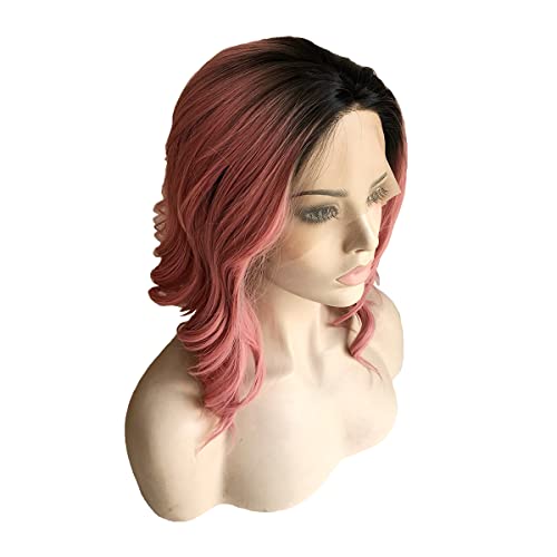 Cupidlovehair Black Ombre Dark Pink Color Natural Big Loose Wave Short Bob Heat Resistant Synthetic Lace Front Wigs 12inch