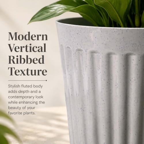 Image of Go Hooked Round Planter Pot (8Inch, Pack of 3) | White Marble Texture Stylish Modern Ribbed Design | Decorative Indoor Outdoor Plastic Flower Pots for Balcony, Living Room, Garden, Home & Office Decor