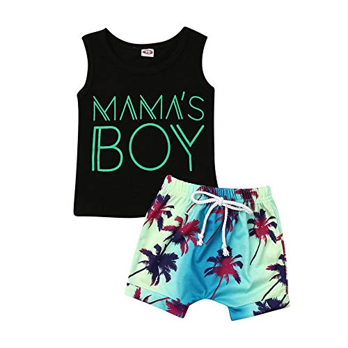 2PCS Baby Boy Summer Shorts Clothes Sets Mamas Boy Sleeveless Tank Tops T-Shirt and Plam Shorts Beach Outfits (Black & Green, 12-18 M)