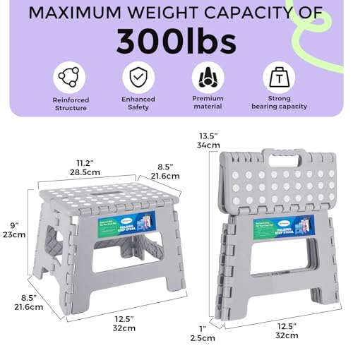 Image of Dyforce 9 inch Folding Step Stool for Kids and Adults, Collapsible Light-Weight Foot Stools Foldable for Toddler, Kitchen, Bathroom, 300 lb Capacity (Grey)