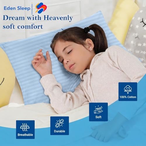 Image of Toddler Travel Baby Pillowcase, Pack of 2 Zipper Closure Pillow Cover 100% Cotton Small Pillow Covers, 500 Thread Count Nersury Pillow Cases for Kids 14x20 inches, Light Blue Stripe